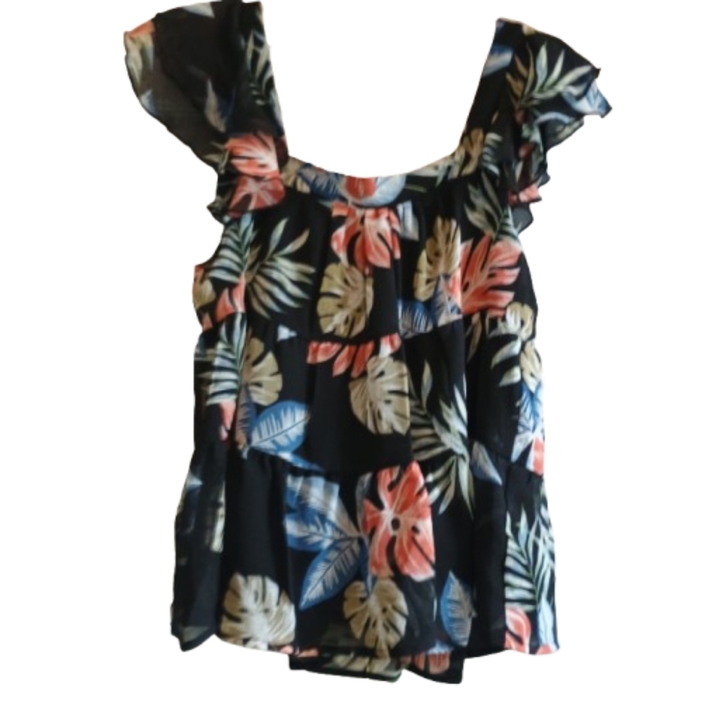 Blue B Women's‎ Tropical Floral Off-Shoulder Ruffle Top Size Small Black Multi - Picture 2 of 15
